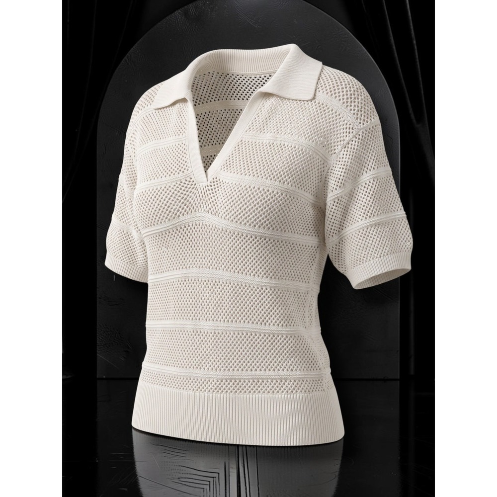 Lenius Open Knit Pointelle Stripe V-Neck Polo Sweater Ivory Cream Top